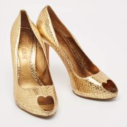 Alexander McQueen Gold Python Embossed Leather Heart Peep Toe Pumps Size 40.5