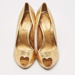 Alexander McQueen Gold Python Embossed Leather Heart Peep Toe Pumps Size 40.5