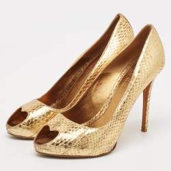 Alexander McQueen Gold Python Embossed Leather Heart Peep Toe Pumps Size 40.5