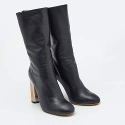Alexander McQueen Black Leather Sculpted Heel Mid Calf Boots Size 37