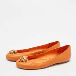 Pre Owned Alexander McQueen Orange Leather Skull City Ballet Flats Size 37
