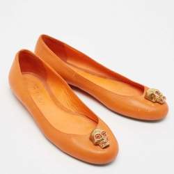 Pre Owned Alexander McQueen Orange Leather Skull City Ballet Flats Size 37