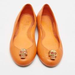Pre Owned Alexander McQueen Orange Leather Skull City Ballet Flats Size 37