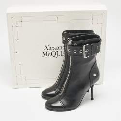 Alexander McQueen Black Buckled Leather Ankle Boots Size 38
