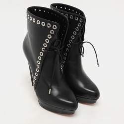 Alexander McQueen Black Leather Eyelet Trim Curve Heel Ankle Boots Size 37