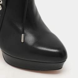 Alexander McQueen Black Leather Eyelet Trim Curve Heel Ankle Boots Size 37
