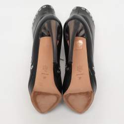 Alexander McQueen Black Leather Eyelet Trim Curve Heel Ankle Boots Size 37