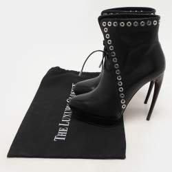 Alexander McQueen Black Leather Eyelet Trim Curve Heel Ankle Boots Size 37