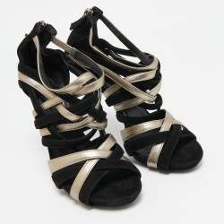 Alexander McQueen Black/Silver Leather and Suede Ankle Strap Sandals Size 37.5