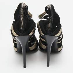 Alexander McQueen Black/Silver Leather and Suede Ankle Strap Sandals Size 37.5
