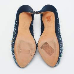 Alexander McQueen Navy Blue Satin Crystals Embellished Heart Peep Toe Pumps Size 36