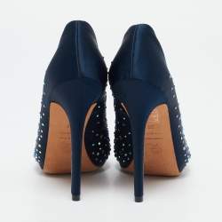 Alexander McQueen Navy Blue Satin Crystals Embellished Heart Peep Toe Pumps Size 36