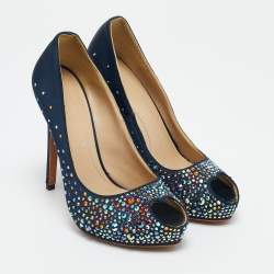 Alexander McQueen Navy Blue Satin Crystals Embellished Heart Peep Toe Pumps Size 36