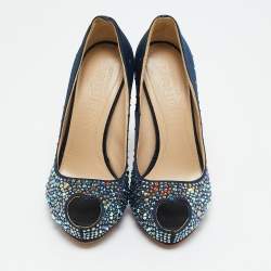 Alexander McQueen Navy Blue Satin Crystals Embellished Heart Peep Toe Pumps Size 36