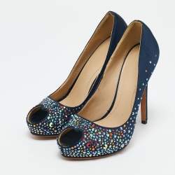 Alexander McQueen Navy Blue Satin Crystals Embellished Heart Peep Toe Pumps Size 36