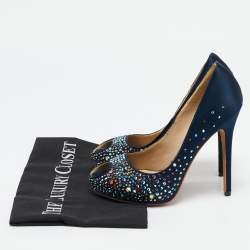 Alexander McQueen Navy Blue Satin Crystals Embellished Heart Peep Toe Pumps Size 36