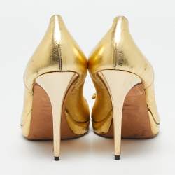Alexander McQueen Gold Leather Skull Bow Peep Toe Pumps Size 38
