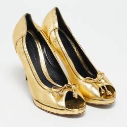 Alexander McQueen Gold Leather Skull Bow Peep Toe Pumps Size 38