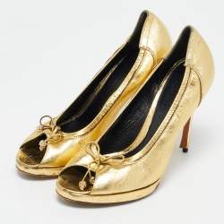 Alexander McQueen Gold Leather Skull Bow Peep Toe Pumps Size 38