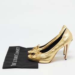 Alexander McQueen Gold Leather Skull Bow Peep Toe Pumps Size 38