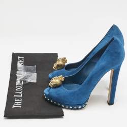 Alexander McQueen Blue Suede Skull Peep Toe Pumps Size 36.5