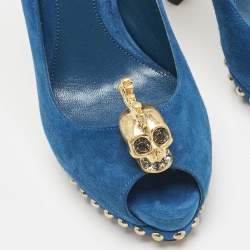 Alexander McQueen Blue Suede Skull Peep Toe Pumps Size 36.5