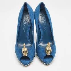 Alexander McQueen Blue Suede Skull Peep Toe Pumps Size 36.5