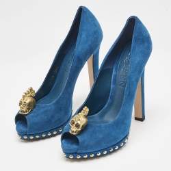 Alexander McQueen Blue Suede Skull Peep Toe Pumps Size 36.5
