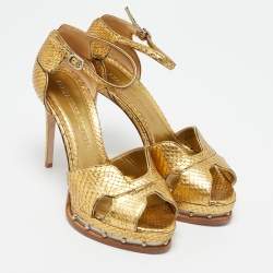 Alexander McQueen Gold Snakeskin Studded Platform Sandals Size 38