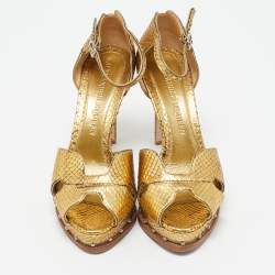 Alexander McQueen Gold Snakeskin Studded Platform Sandals Size 38