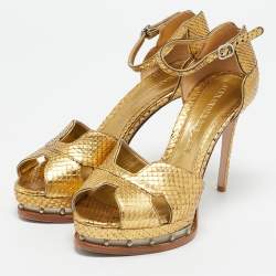 Alexander McQueen Gold Snakeskin Studded Platform Sandals Size 38