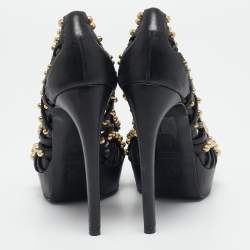 Alexander McQueen Black Leather Stud Embellished Peep Toe Pumps Size 37
