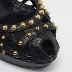 Alexander McQueen Black Leather Stud Embellished Peep Toe Pumps Size 37