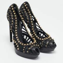 Alexander McQueen Black Leather Stud Embellished Peep Toe Pumps Size 37