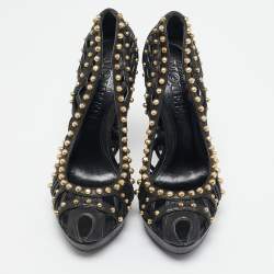 Alexander McQueen Black Leather Stud Embellished Peep Toe Pumps Size 37