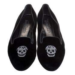 Pre Owned Alexander McQueen Black Velvet Skull Embroidered Smoking Slippers Size 38.5