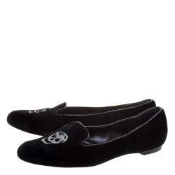 Pre Owned Alexander McQueen Black Velvet Skull Embroidered Smoking Slippers Size 38.5