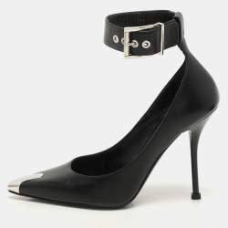 Alexander McQueen Black Leather Punk Ankle Strap Pumps Size 36