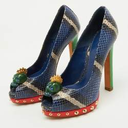 Alexander McQueen Multicolor Python Crystal Skull Peep Toe Pumps Size 36