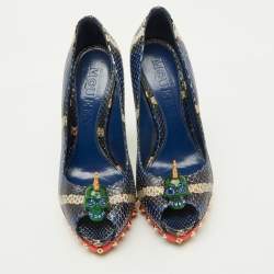 Alexander McQueen Multicolor Python Crystal Skull Peep Toe Pumps Size 36