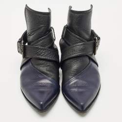 Alexander McQueen Black/Blue Leather Grace Ankle Length Boots Size 38