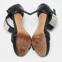 Alexander McQueen Black Snakeskin Leather Crystal Embellished Ankle Cuff Sandals Size 36