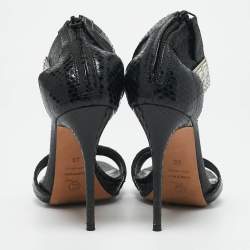 Alexander McQueen Black Snakeskin Leather Crystal Embellished Ankle Cuff Sandals Size 36