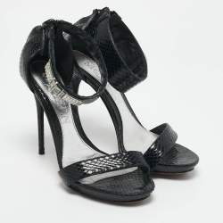 Alexander McQueen Black Snakeskin Leather Crystal Embellished Ankle Cuff Sandals Size 36