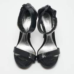 Alexander McQueen Black Snakeskin Leather Crystal Embellished Ankle Cuff Sandals Size 36