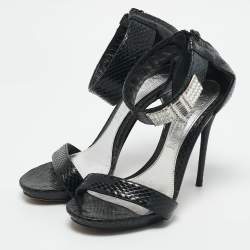 Alexander McQueen Black Snakeskin Leather Crystal Embellished Ankle Cuff Sandals Size 36