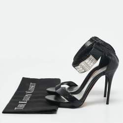 Alexander McQueen Black Snakeskin Leather Crystal Embellished Ankle Cuff Sandals Size 36
