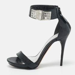 Alexander McQueen Black Snakeskin Leather Crystal Embellished Ankle Cuff Sandals Size 36