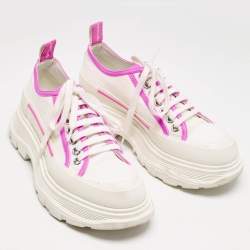 Alexander McQueen White/Neon Pink Canvas and Leather Slick Chunky Sneakers Size 38.5