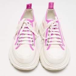 Alexander McQueen White/Neon Pink Canvas and Leather Slick Chunky Sneakers Size 38.5